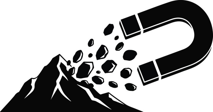 Conceptual Silhouette of a Horseshoe Magnet Attracting Rocks from a Mountain Peak Vector Illustration