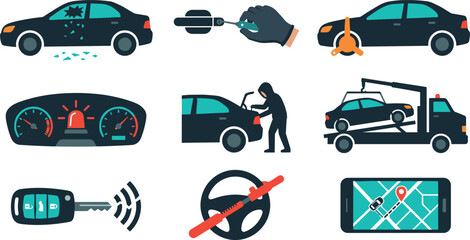 Naklejka premium Car Security and Vehicle Assistance Icon Set with Theft Protection, Towing Service, GPS Navigation, and Automotive Emergency Vector Symbols