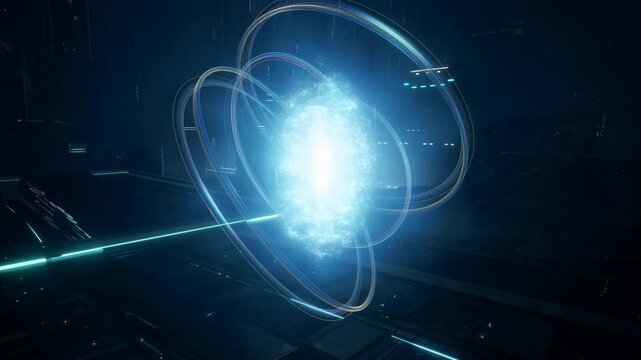 Slow tracking shot of glowing energy core orb rotating with orbiting rings inside dark futuristic chamber interior of sci fi station hangar
