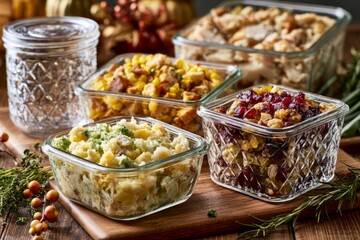 Obraz premium Canadian Thanksgiving leftovers packed in reusable glass containers on wooden board
