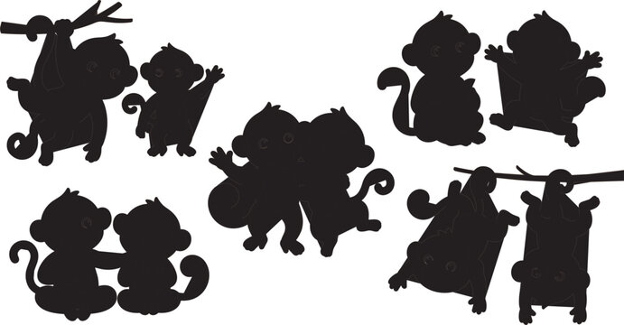 Black silhouette monkey vector illustration set showing pairs of cute monkeys playing, hugging, and hanging on branches isolated on a white background.