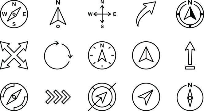 Collection of navigation compass and directional arrows in simple silhouette style