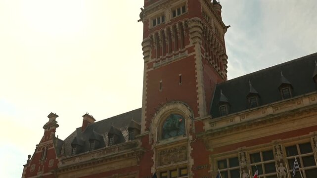 Historic Dunkirk City Hall with Belfry tower and ornate brick facade
