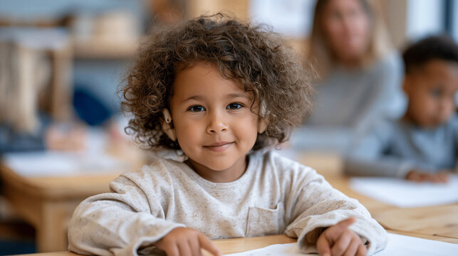 Child with hearing aids at a mainstream classroom table participating in a group reading exercise, interpreter seated discreetly nearby, the child's animated engagement with the story visible in her