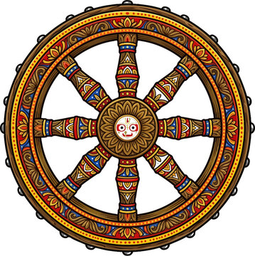 Intricate Dharma Chakra wheel illustration with decorative patterns and a central divine face in vector style
