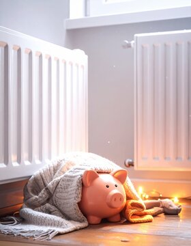 A little girl with a piggy bank sits in bed near a white room heater radiator, keeping warm in her home during the cold winter