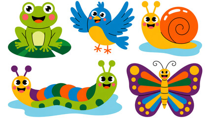 Colorful cartoon animals transforming from caterpillar to butterfly with frog and ladybug Vector © AZIFA
