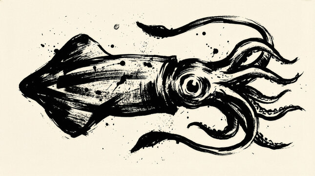 Bold black ink brush squid illustration with tentacles on beige background