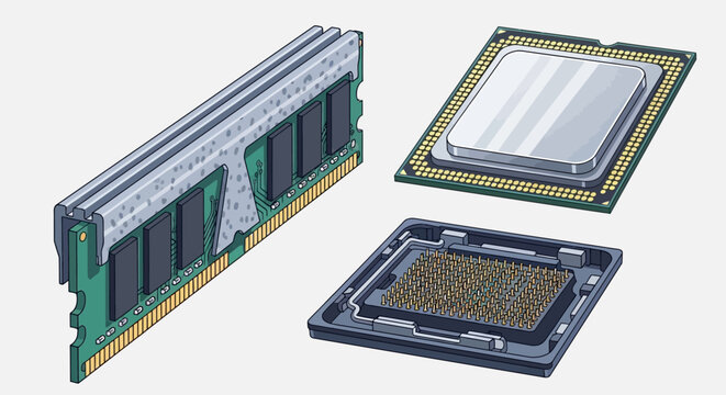 Computer RAM module, CPU processor, and socket on a light grey background