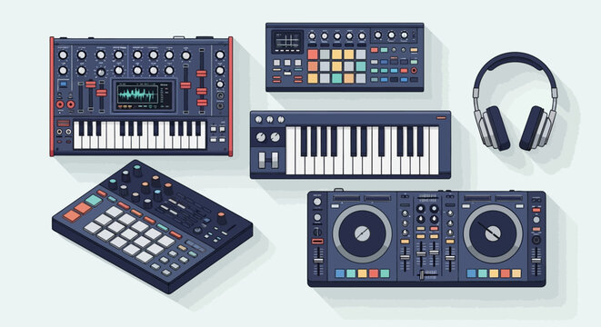 Electronic Music Production Equipment: Synthesizer, Drum Machine, DJ Controller, Headphones