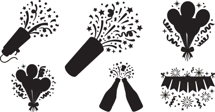 Black silhouette party celebration vector illustration set featuring exploding confetti poppers helium balloon bouquets popping champagne bottles and festive hanging party bunting flags