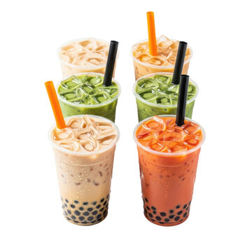 Six hyperrealistic, glossy iced asian milk tea (matcha, thai, classic) boba drinks with pearls, ice, and visible condensation in clear cups, arranged 2x3 on white studio background. Concept for