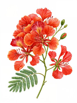 Realism A Royal Poinciana branch watercolor Painting, isolated on white background