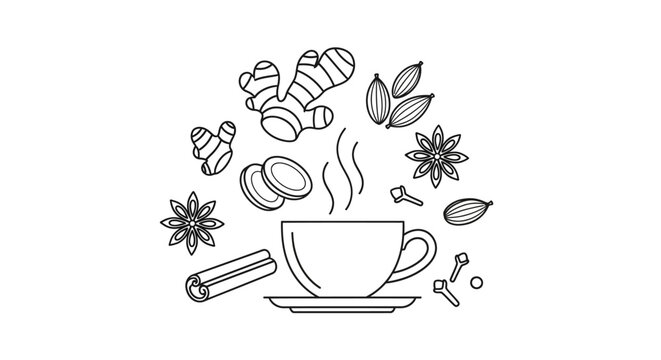 Line art illustration of a cup of masala chai tea with aromatic spices.