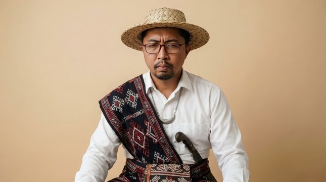 Rote man wearing complete traditional attire. White shirt, tenun ikat sarong, Ti'i Langga lontar hat, habas necklace, hafa waist cloth