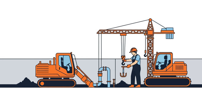 Industrial Construction Site Depicting Heavy Machinery and Worker Carrying Out Tasks Efficiently