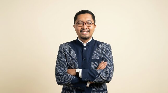man in modern navy blue batik jas tutup