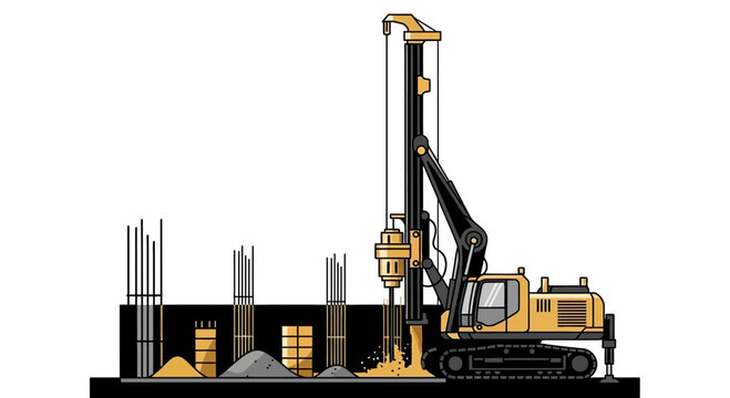 Industrial Construction Site Depicting Heavy Machinery Drilling and Building Foundation