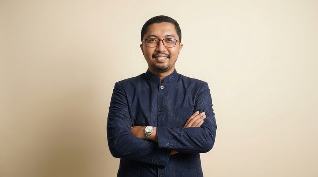 man in modern navy blue batik jas tutup