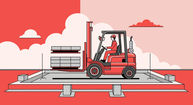 Industrial Forklift Transporting Construction Materials on Work Site Under Dramatic Sky