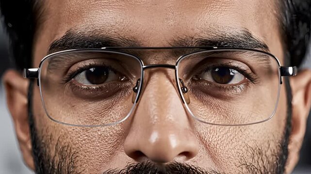 Close up extreme face portrait of a man wearing glasses.
