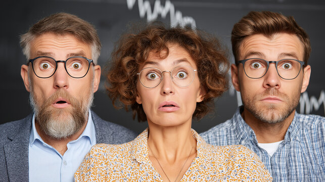 Shocked Trio: Three business colleagues, two men and one woman, display wide-eyed astonishment and surprise, with their mouths slightly agape, creating a humorous and relatable portrayal of a sudden.