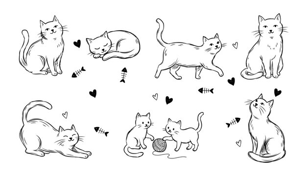 Cute hand drawn cat doodle set, funny sketch style kittens collection with hearts and fish bone elements isolated on transparent background vector illustration