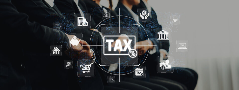 Professional Business Meeting on Taxation with Digital Tax Icons and Symbols Representing Financial Concepts and Transactions Sigmoid