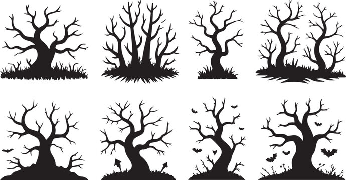 Set of silhouettes of bare spooky trees for halloween