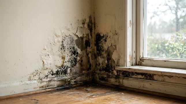 Unhealthy mold and fungus patches on a house interior wall due to condensation and leaks. Visualizing property damage, indoor air quality issues, and the need for professional remediation