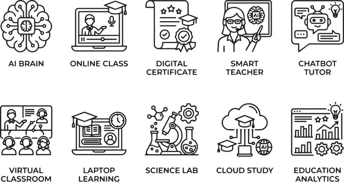 Online education icons with various learning concepts and technology tools