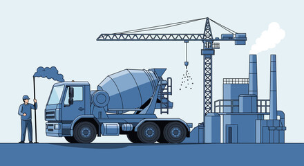 Industrial Scene Depicting Concrete Mixer, Crane, And Factory In Cartoon Style
