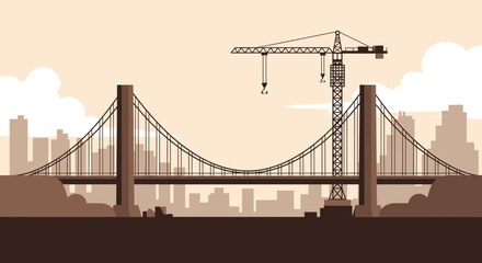 Fototapeta premium Minimalist Bridge Construction Scene With Modern Crane Overlooking the City Silhouette
