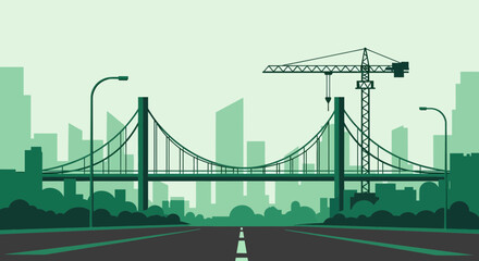 Fototapeta premium Minimalist Cityscape Featuring a Suspension Bridge, Crane, and Roadway