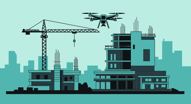 Modern City Construction Site: Drone, Crane, and Buildings Under Development Vector Illustration