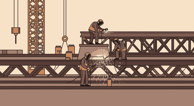 Industrial Workers Weld Metal Beams to Construct Robust Infrastructure with Welding Tools
