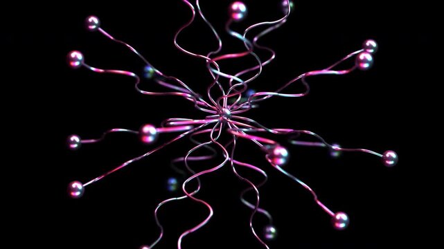 Abstract curved particle mesh with connected nodes rotating on dark background. Futuristic scientific visualization of quantum physics, nanotechnology and computational modelling. Slow motion 4K loop