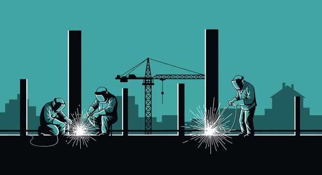 Industrial Workers Weld Steel Beams Constructing a New Building in Cityscape View