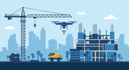 Obraz premium Modern Construction and Drone Technology in Urban Settings and Industrial Progress