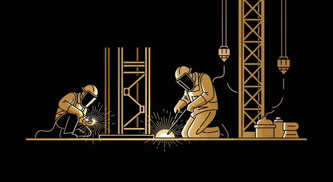 Industrial Welders Performing Construction Work with Protective Gear in Bold Gold Style