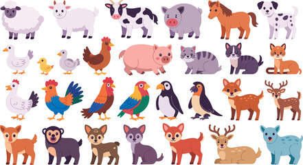Fototapeta premium A charming collection of diverse farm, wild, and domestic animals in a flat cartoon style, perfect for children's books and educational materials, isolated on a clean white background.
