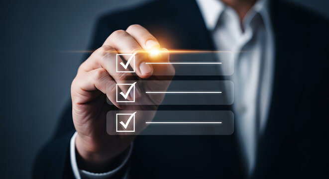 Businessman hand checking off items on a digital checklist with glowing light effect