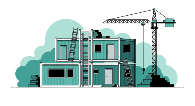 Modern Construction Project: Shipping Container Home Building With Crane and Blue Background