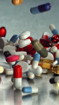 Assorted colorful pills and capsules tumble across metal table, Filmed on a high-speed camera at 1000 fps.