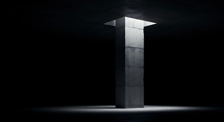 Fototapeta premium Minimalist concrete pillar in dark room with overhead dramatic light