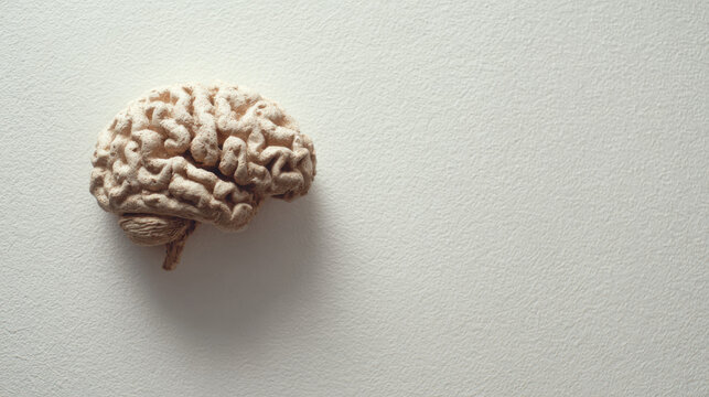 Textured brain model sculpture on a clean white background, minimal neuroscience and mental health concept with large copy space