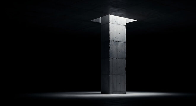 Minimalist concrete pillar in dark room with overhead dramatic light