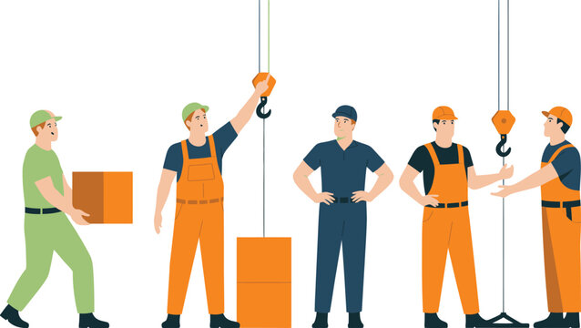 Warehouse workers and logistics team handling heavy goods with crane and industrial equipment