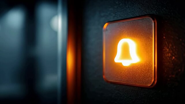 A bell button in a dark room lights up and turns off, showing its design. The focus is on the button and its changing light.