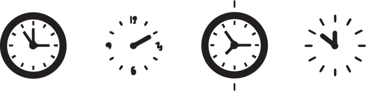 Set of simple black wall clock icons and watch faces